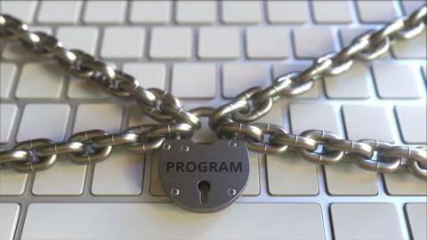 Chains and padlock with PROGRAM text on the computer keyboard. Conceptual 3D Stock Illustration