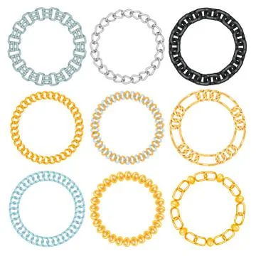 Chains link strength connection vector borders of metal linked parts frames and Stock Illustration