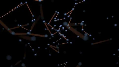 Chains of molecules in stream on black background. Design. Molecules moving in Stock Illustration