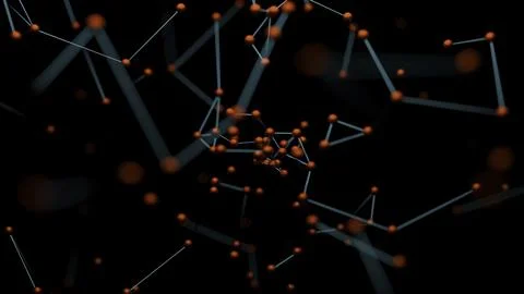 Chains of molecules in stream on black background. Design. Molecules moving in Stock Illustration