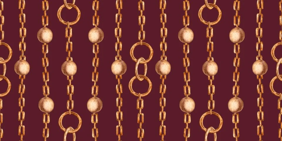 Chains rings and beads pattern on burgundy background in watercolor 스톡 일러스트