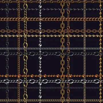 Chains tartan seamless pattern with shiny metal chains on a black background. Illustrazione stock