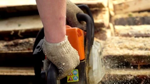 Chainsaw in action cutting wood. A guy cuts trees with a chainsaw for firewood. 库存影片 336570746