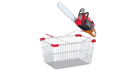 Chainsaw adding to shopping basket, 3d animation. 3D rendering 스톡 동영상 172035255