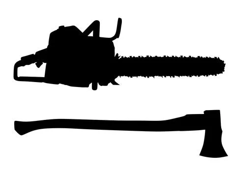 Chainsaw and ax vector silhouette illustration Stock Illustration