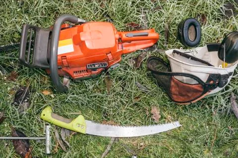 Chainsaw and pruning handsaw Stock Photos