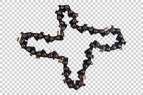 Chainsaw chain cross pattern, sharp cutting teeth industrial tool closeup Foto stock