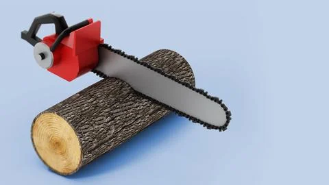 Chainsaw Cutting Timber Log isolated on blue. 3D illustration Stock Illustration