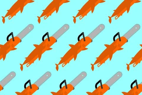 Chainsaw Fish pattern seamless. Funny fish tool background. vector texture 스톡 일러스트