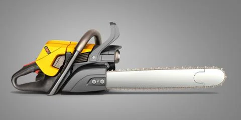 Chainsaw on grey background 3d illustration Illustrazione stock