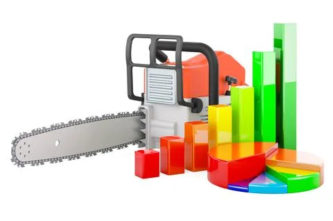 Chainsaw with growth bar graph and pie chart, 3D rendering Stock Illustration
