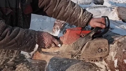 A chainsaw in the hands of a worker who saws a log into pieces. Close-up. Stock Footage 170850842