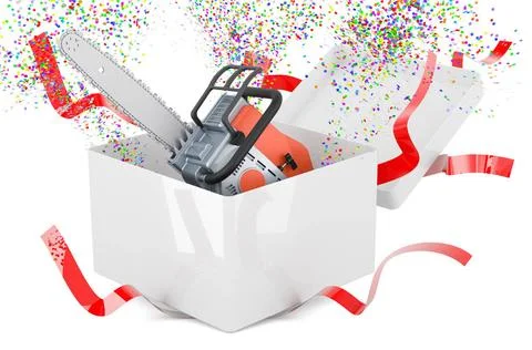 Chainsaw inside gift box. 3D rendering Chainsaw inside gift box. 3D render... Stock Photos