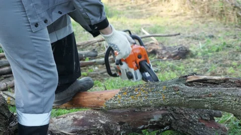 Chainsaw launch. A man in gray overalls cuts a log with a chainsaw Stock Footage 133227462