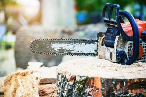 Chainsaw on a log Stock Photos