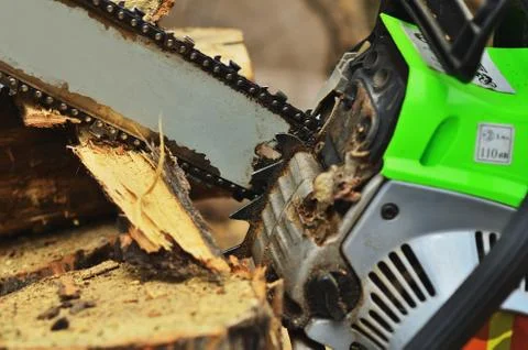 Chainsaw saws a log close up, large bars Stock Photos