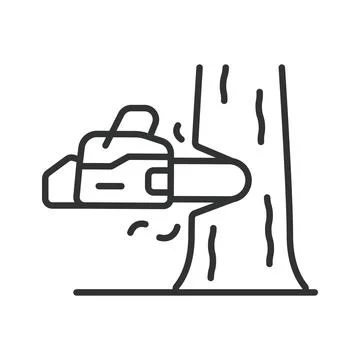 Chainsaw tree cutting icon in line design. Chainsaw, cutting, tree, logging Stock Illustration
