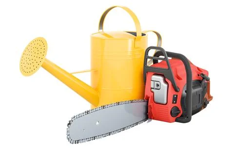 Chainsaw with watering can, 3D rendering Ilustración de archivo