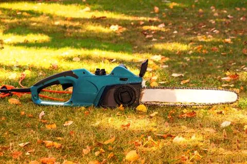 Chainsaw without a cover lying on the grass in autumn time. Copy space for yo Stock Photos