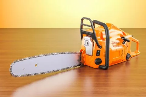 Chainsaw on the wooden table. 3D rendering Ilustración de archivo