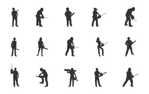 Chainsaw worker svg, Chainsaw worker silhouette, Worker using chainsaw set Stock Illustration