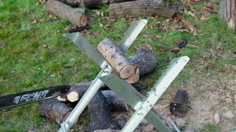 Chainsawing a wooden log 動画素材 81164984