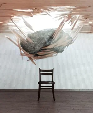 Chair and falling stone conceptual 3d illustration 스톡 일러스트
