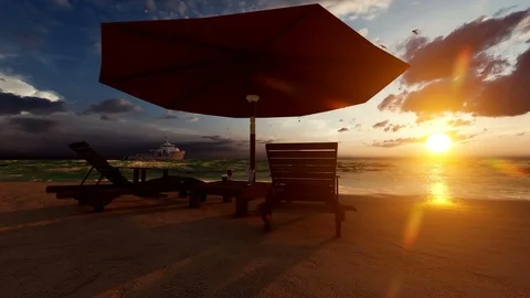 Chair on beach at sunset Stock Footage 124368975