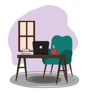Chair computer table books coffee cup window cartoon Illustrazione stock