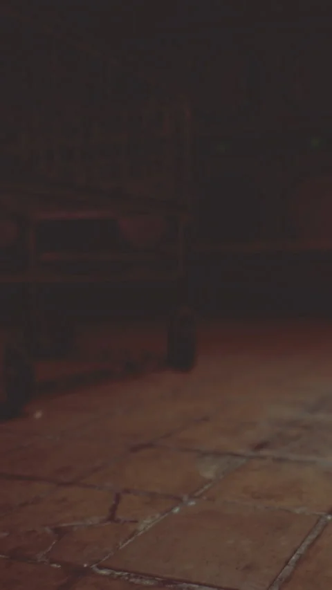 Chair sits empty in a dimly lit room with wooden floor and walls Stock Footage 334171742