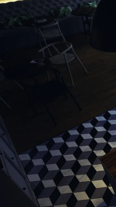 Chairs and a patterned floor in a mostly dark room at night Stock Footage 331667436