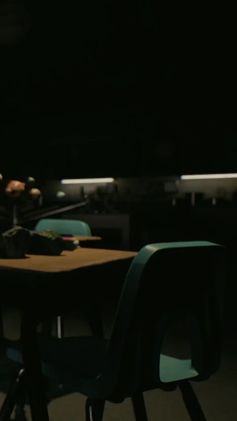 Chairs and table in dark setting with objects on surface and muted lights 動画素材 335688484