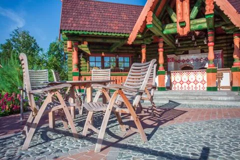 Chairs and table on terrace Stock Photos