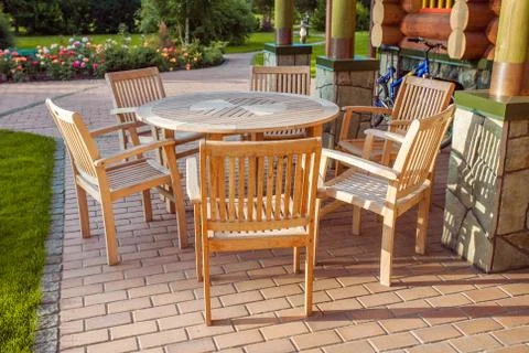 Chairs and table on terrace Stock Photos