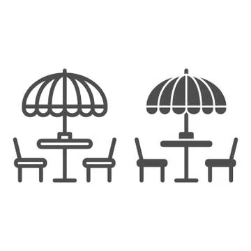 Chairs and table with umbrella line and solid icon, Street food concept, Outdoor Illustration
