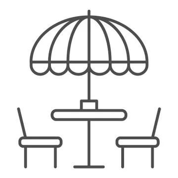 Chairs and table with umbrella thin line icon, Street food concept, Outdoor Stock Illustration