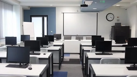 Chairs and tables in empty college classroom. Stock Footage 231140015