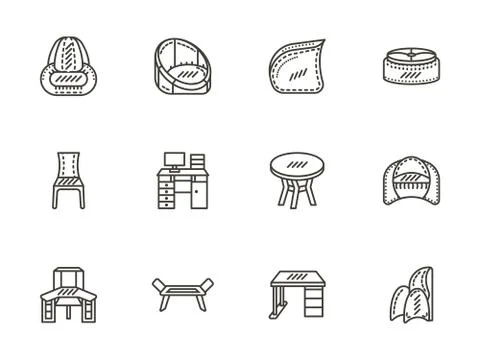 Chairs and tables flat line vector icons set Stock Illustration