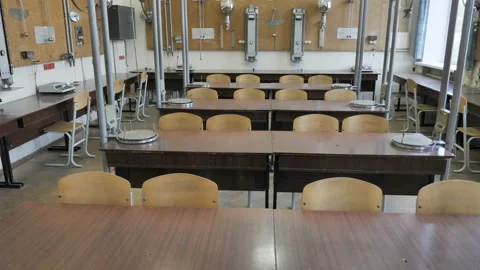 Chairs And Tables Inside Empty Physics Class In School Stock Footage 137797884