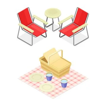 Chairs with Armrest and Table with Basket and Checkered Cloth as Picnic Place Stock Illustration