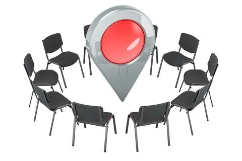 Chairs in a circle with map pointer, 3D rendering 스톡 일러스트