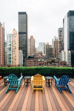 Chairs on a rooftop and view of Turtle Bay, in Midtown Manhattan, New York Ci Stock Photos