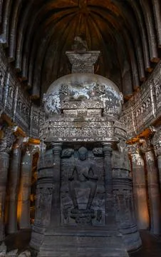 Chaitya Hall Interior with Large Stupa and Ancient Buddha Statue at Ajanta Stock Photos