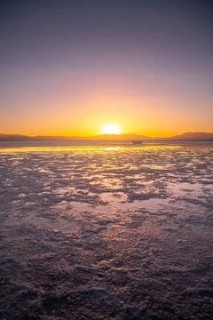 Chaka Salt Flat during sunset, Qinghai province, China Stock Photos