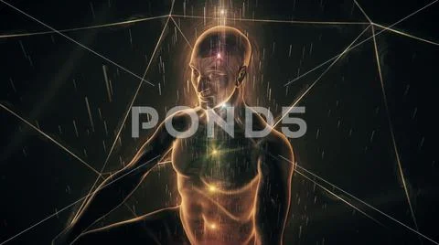 Chakra Activation Meditation of a Man in Serene Golden Space - Three-Quarter Stock Illustration