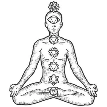 Chakra human body. Sketch scratch board imitation. Black and white. Stock Illustration