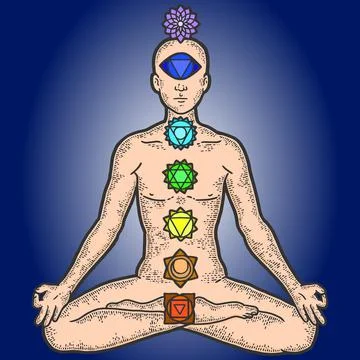Chakra human body. Sketch scratch board imitation color. Stock Illustration
