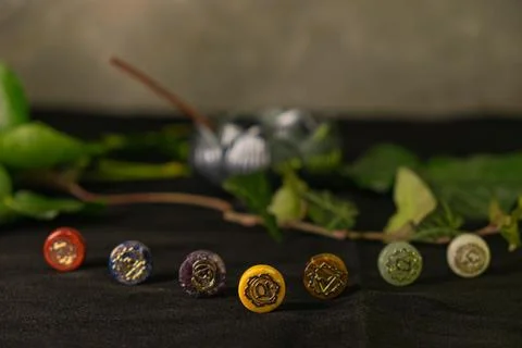 Chakra stones surrounded by natural elements in a mystical setting Stock Photos