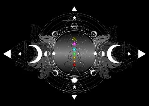 Chakras concept. Inner love, light and peace. Buddha silhouette lotus position Illustrazione stock