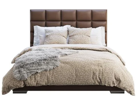 Chalet brown leather frame double bed with bed linen and pelt. 3d render Stock Illustration